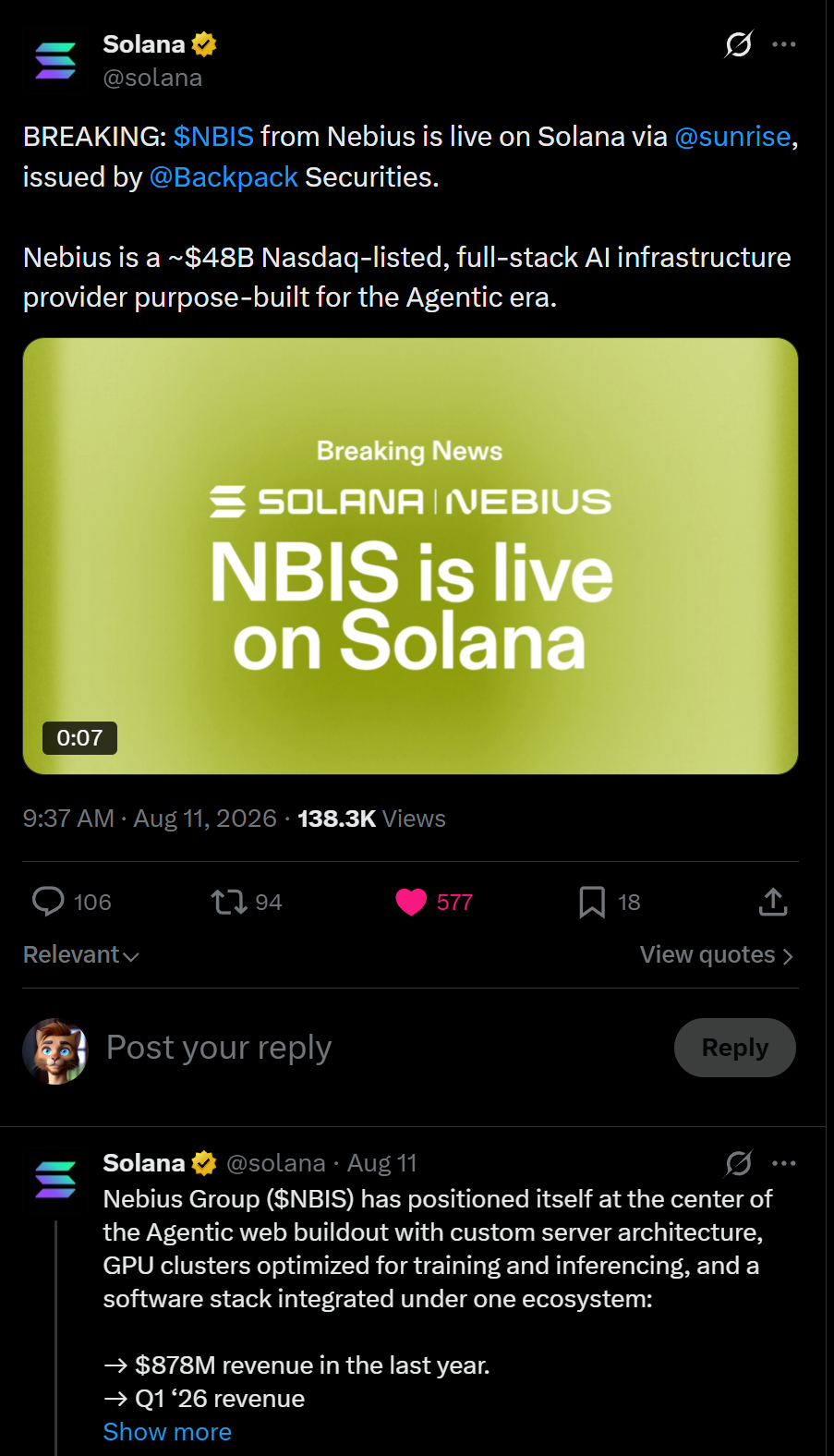 Solana X post announcing $NBIS from Nebius is live on Solana