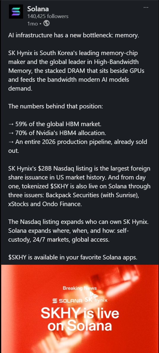 Solana LinkedIn post announcing tokenized SK Hynix $SKHY is live on Solana